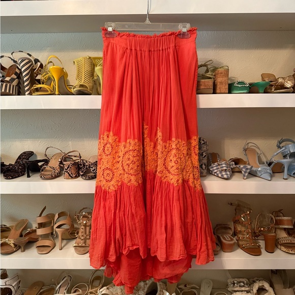 Floreat Anthropologie Coral Orange Embroidered High-Low Maxi Skirt
